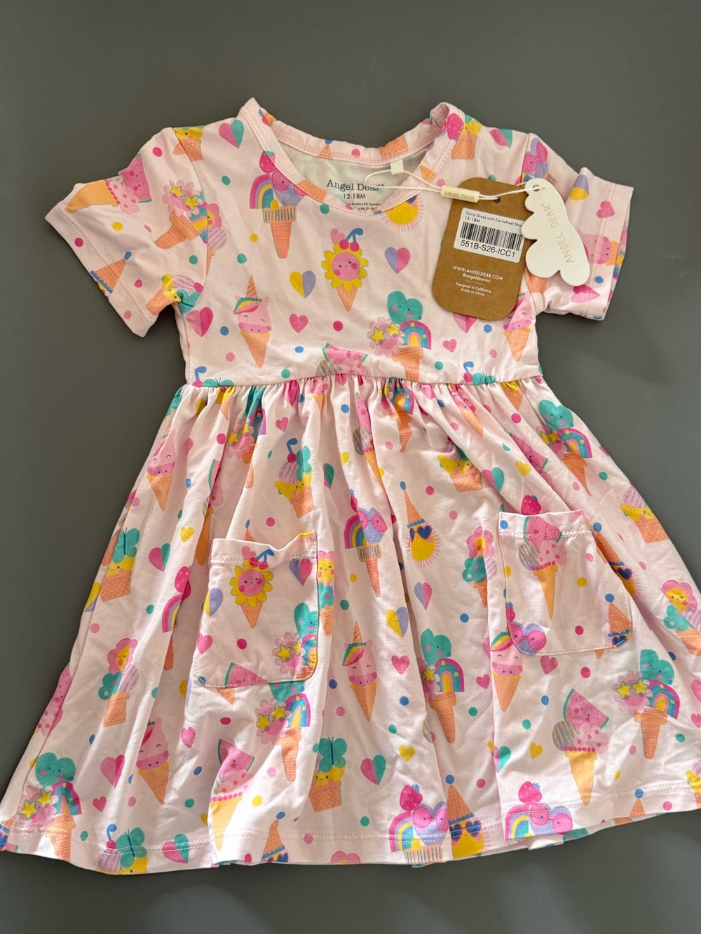 Angel Dear Pastel Pink Ice Cream & Rainbow Print Short Sleeve Dress